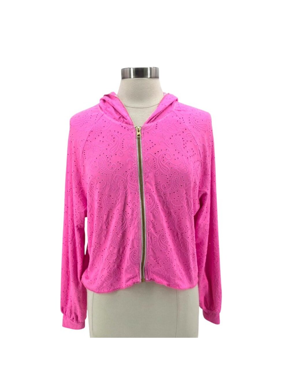 LoveShackFancy X Hurley Womens Medium Hoodie Pink Eyelet Paisley Zip Neon Pink
